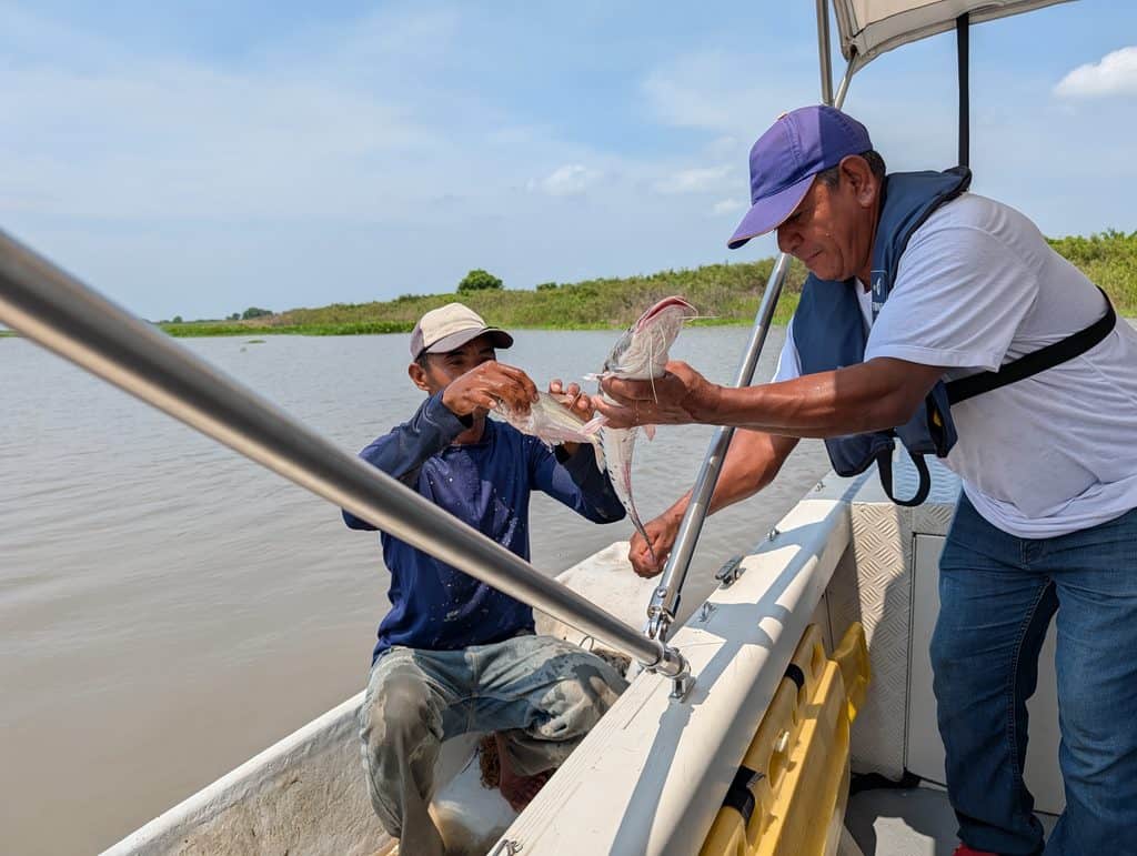Two local fishermen hold a large freshly caught fish beside a small boat on the river. One man wears a life jacket while the other sits along the edge of the boat.