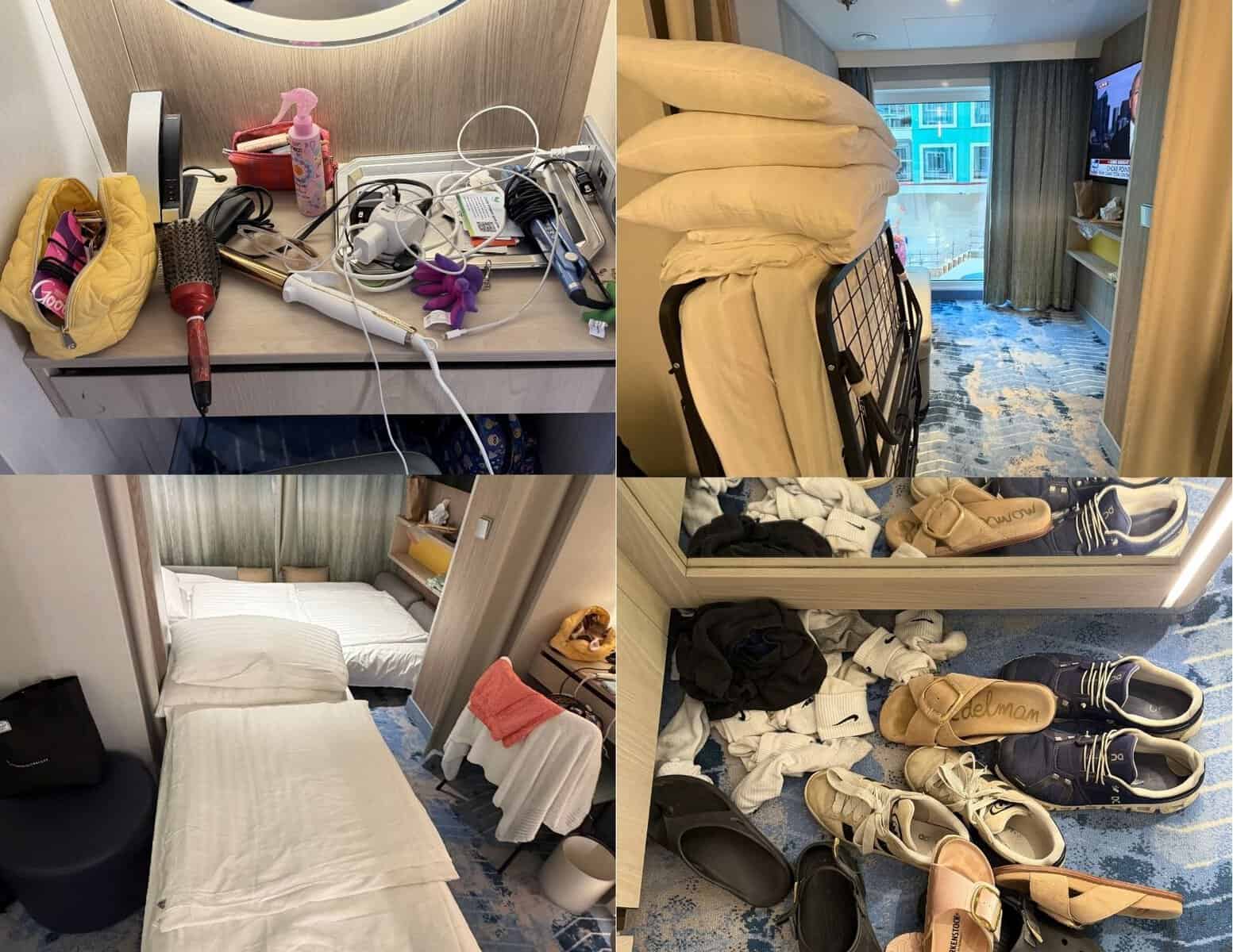 Four views of a Star of the Seas Surfside Family Suite showing a cluttered vanity a folded extra bed stacked with pillows a made bed and several pairs of shoes stored on the floor. The collage demonstrates how the family suite looks while being actively used by multiple travelers.