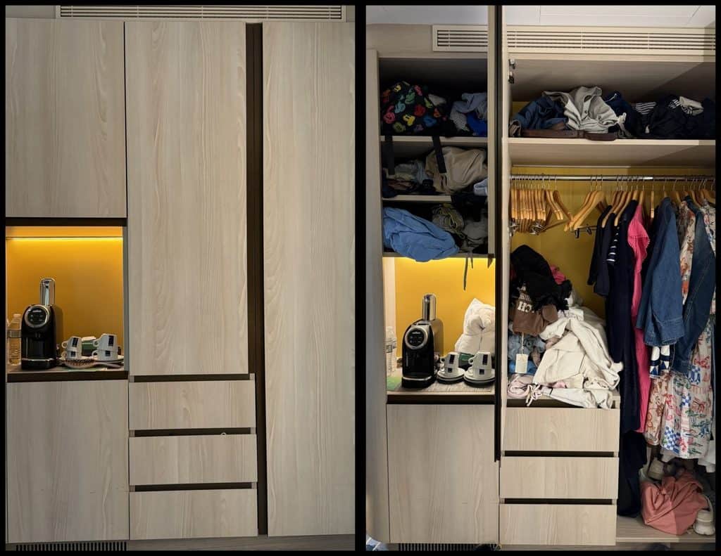 Closed and open views of the light wood storage cabinets inside a Star of the Seas Surfside Family Suite. The open side shows shelves drawers hanging space a coffee maker and clothing stored throughout the suite.